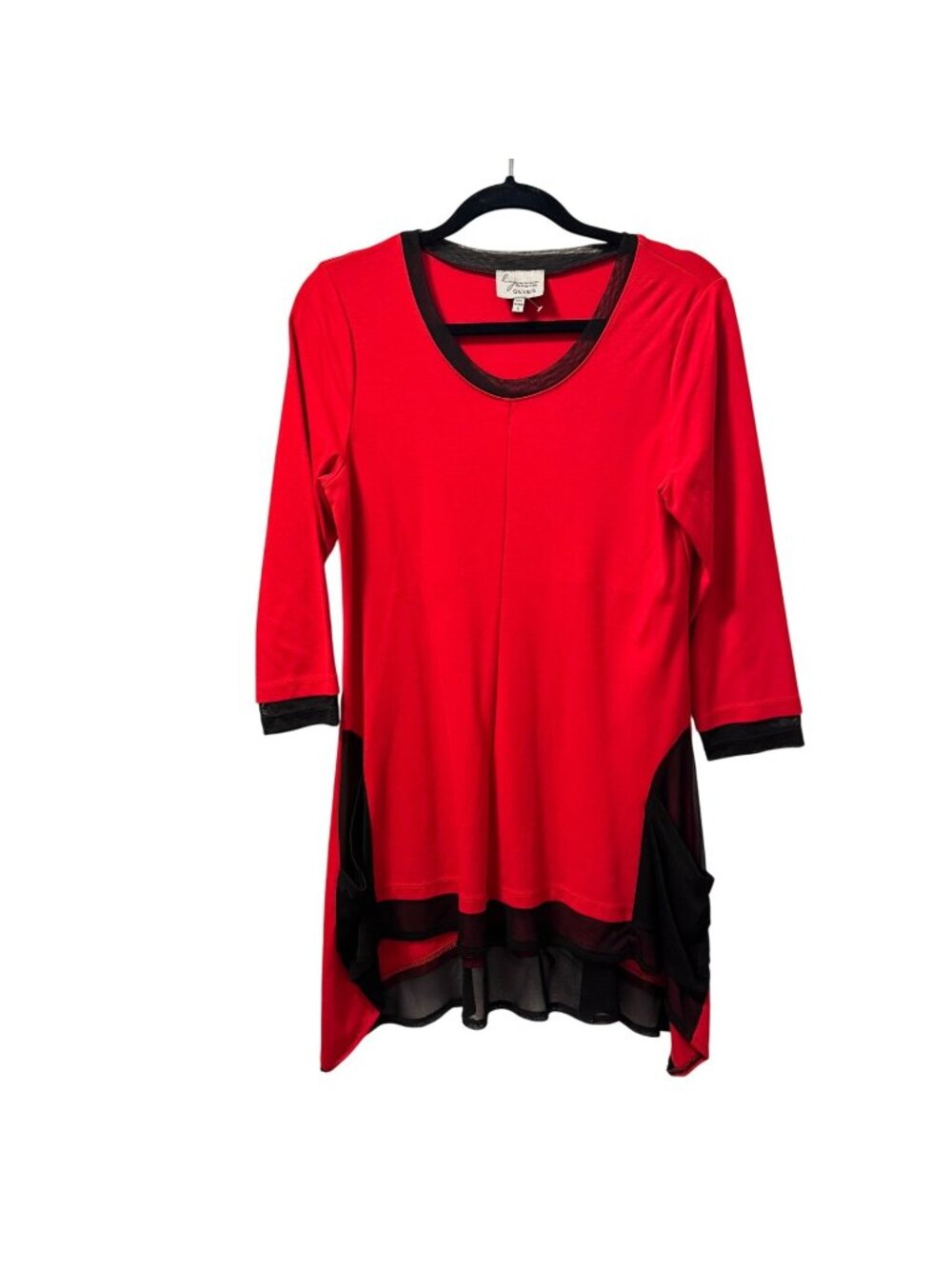 Lynn Ritchie Silver Sz S Red/Black Tunic Top With Sheer Hem Details